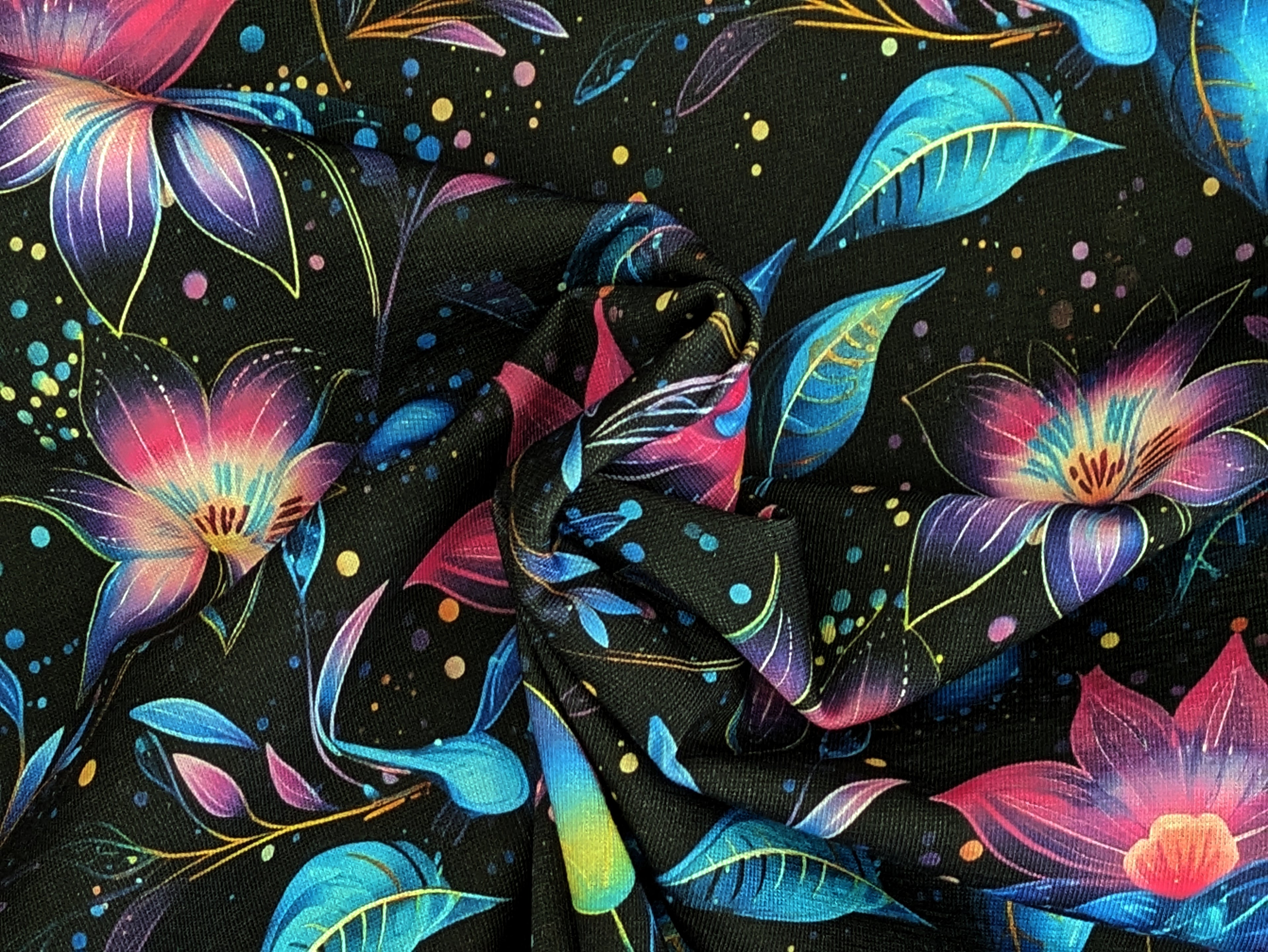 In-house production Cotton Jersey Fluorescent Blossom Magic on Black Fabric by the Meter Dress Fabric