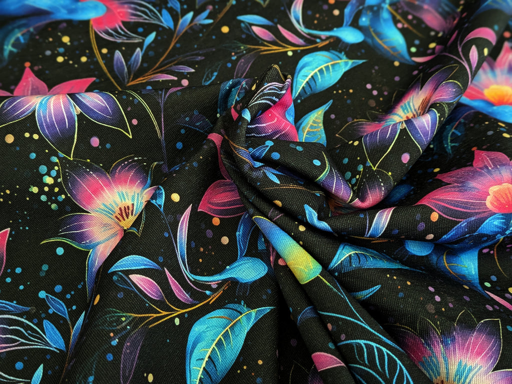 In-house production Cotton Jersey Fluorescent Blossom Magic on Black Fabric by the Meter Dress Fabric