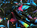 In-house production Cotton Jersey Fluorescent Blossom Magic on Black Fabric by the Meter Dress Fabric