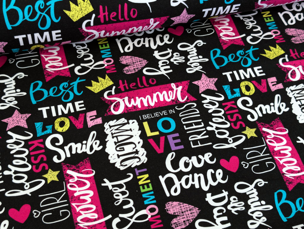 Eigenproduktion Baumwolljersey Magic Girl Summer auf Schwarz