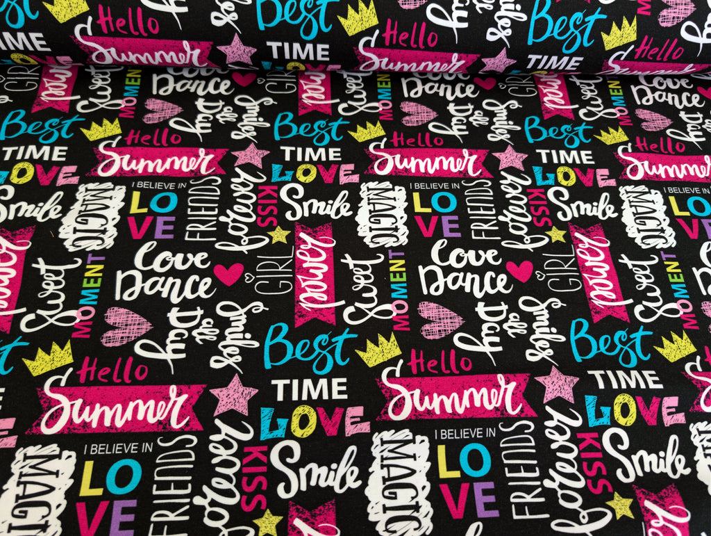 Eigenproduktion Baumwolljersey Magic Girl Summer auf Schwarz