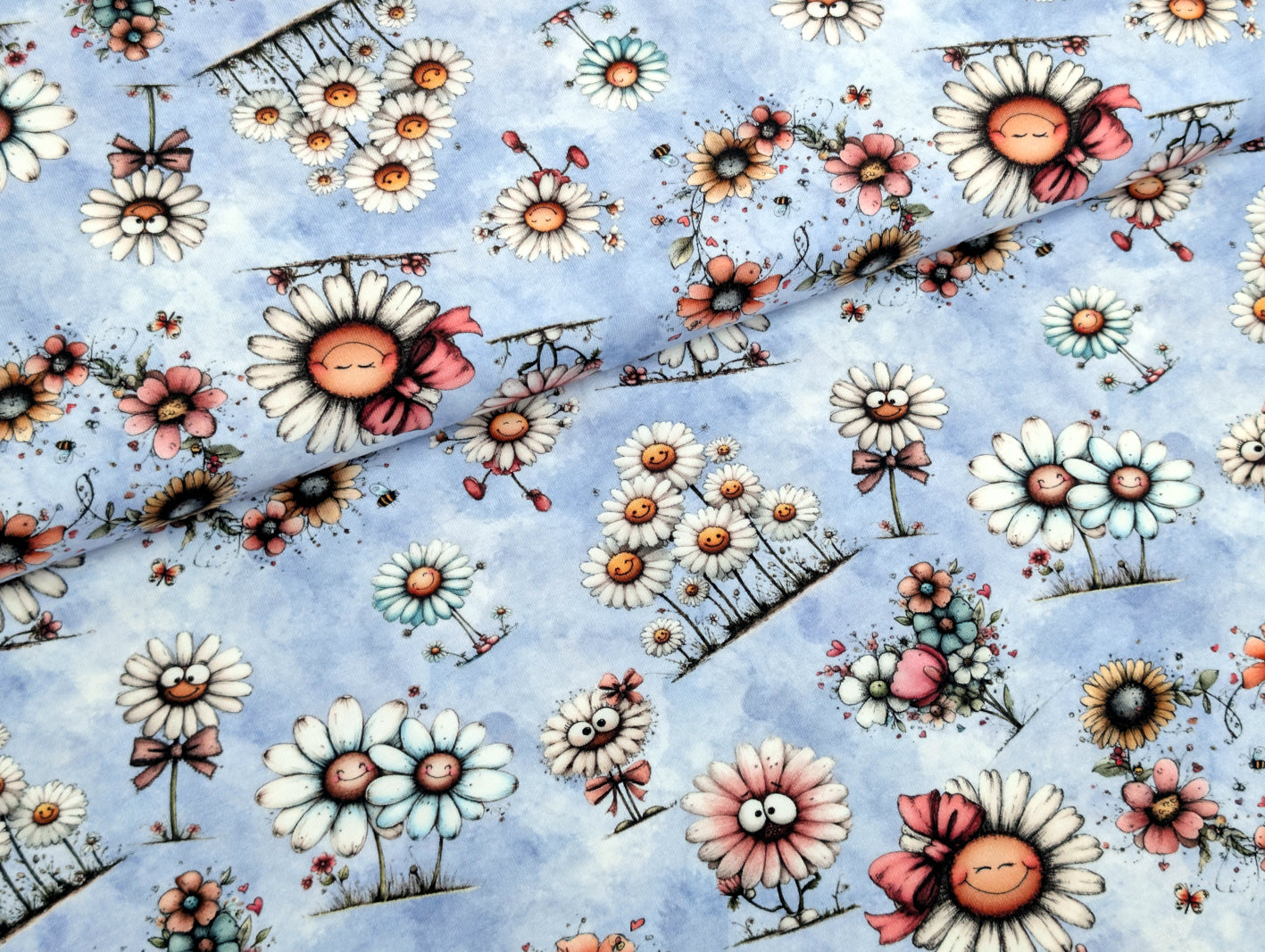 In-house Production Cotton Jersey Daisy Meadow on Lilac/Light Blue