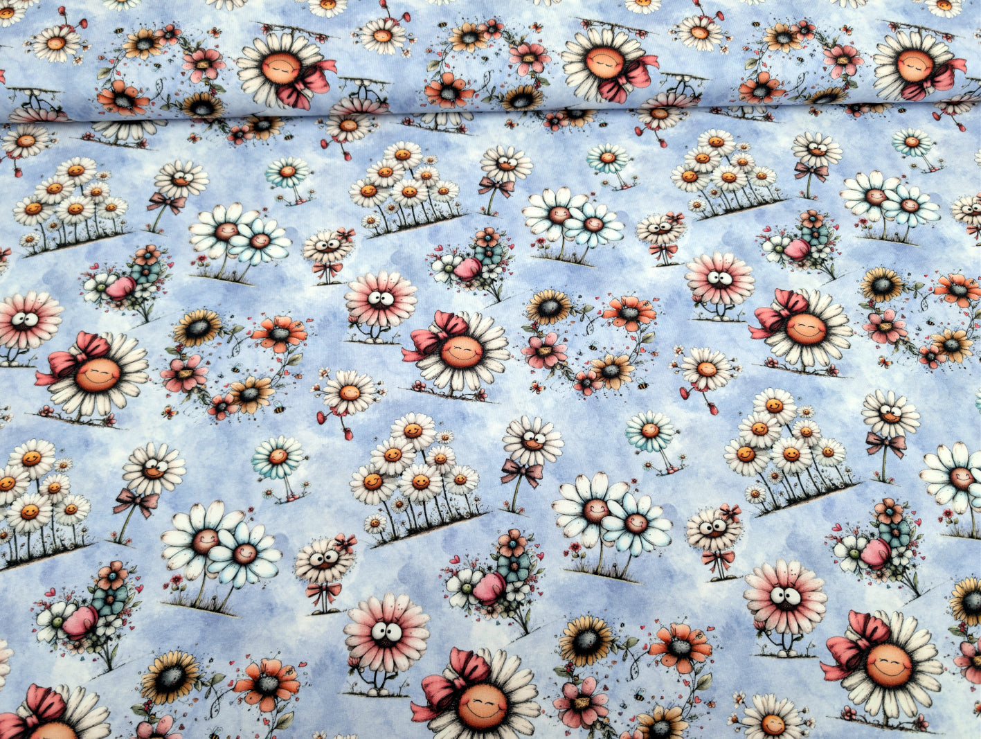 In-house Production Cotton Jersey Daisy Meadow on Lilac/Light Blue