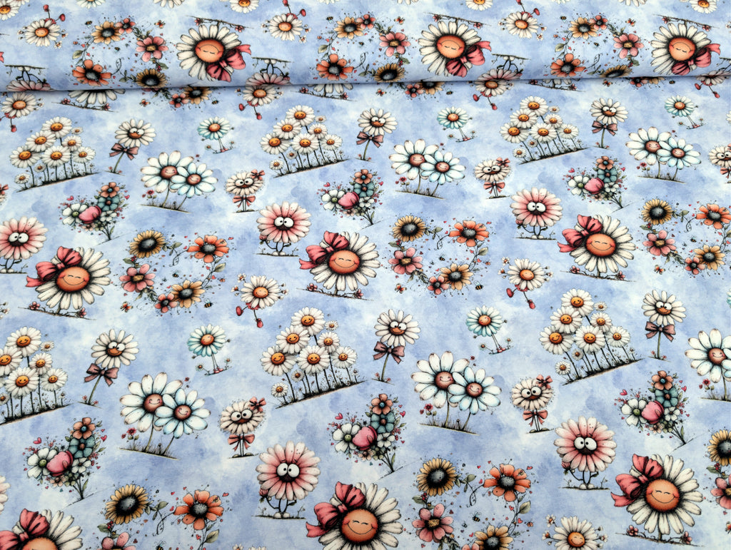 In-house production French Terry Daisy Meadow on Lilac/Light Blue