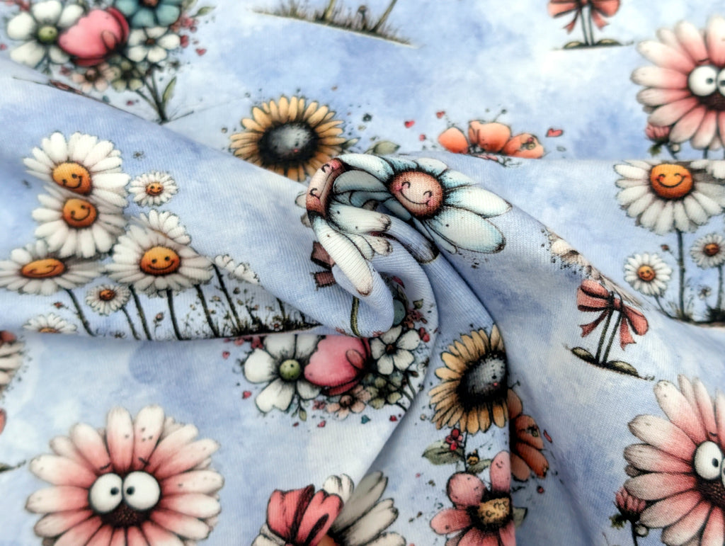 In-house Production Cotton Jersey Daisy Meadow on Lilac/Light Blue