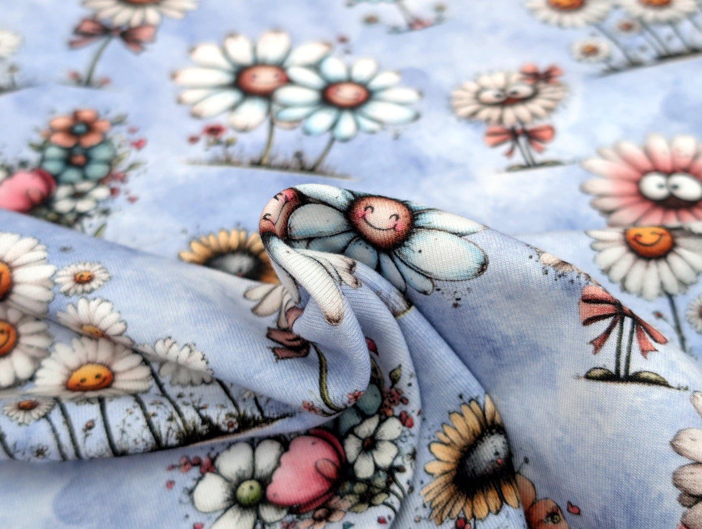 In-house Production Cotton Jersey Daisy Meadow on Lilac/Light Blue