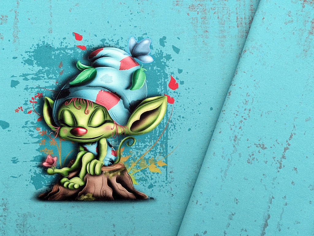 In-house Production French Terry Panel Dreaming Forest Dweller on Green 70 x 165 cm