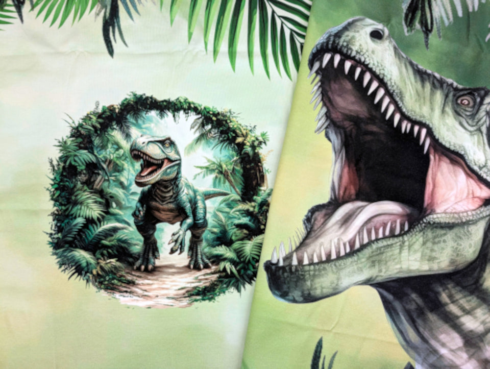 In-house Production Cotton Jersey Panel Dino Rex Palms 80 x 165 cm