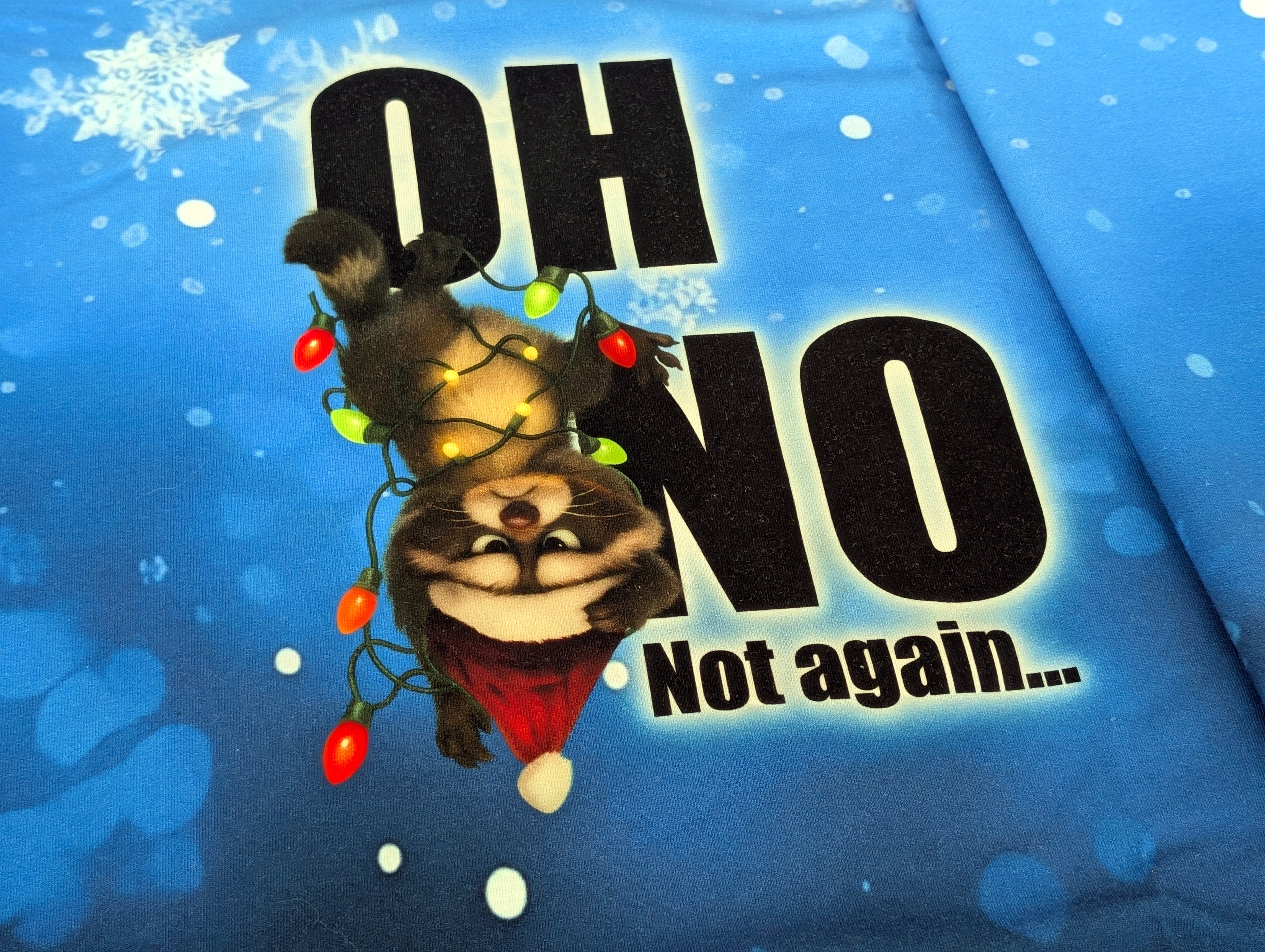 In-house Production Panel French Terry Raccoon Oh No Winter Design on Blue 80 x 165 cm