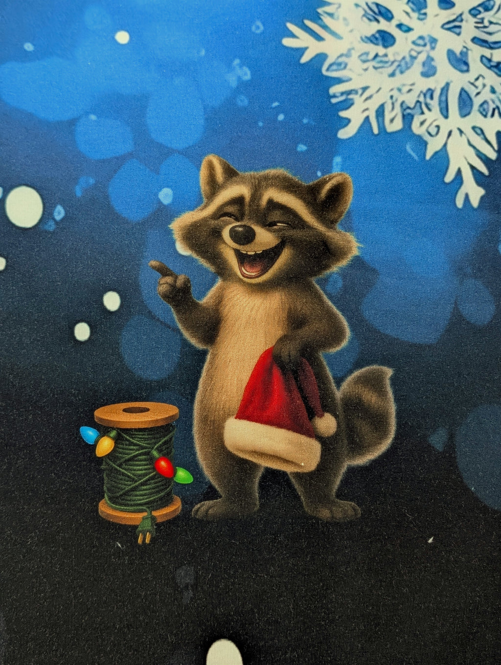 In-house Production Panel French Terry Raccoon Oh No Winter Design on Blue 80 x 165 cm
