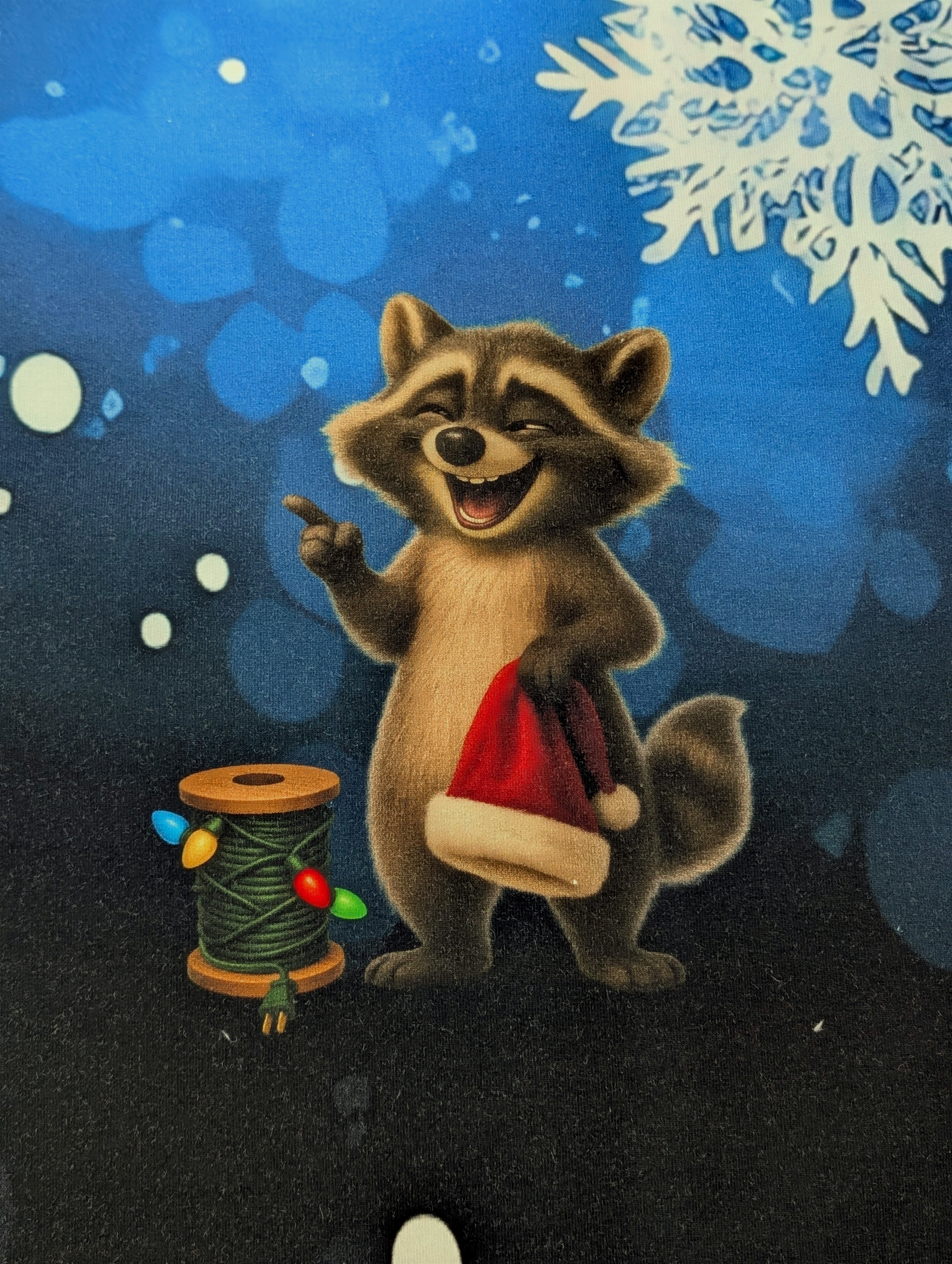 In-house Production Panel French Terry Raccoon Oh No Winter Design on Blue 80 x 165 cm