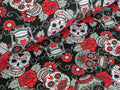 Remnant Cotton Jersey Mexican Skulls with Flowers White/Black 30 x 150 cm