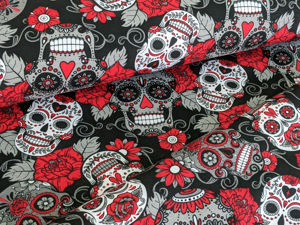 Remnant Cotton Jersey Mexican Skulls with Flowers White/Black 30 x 150 cm