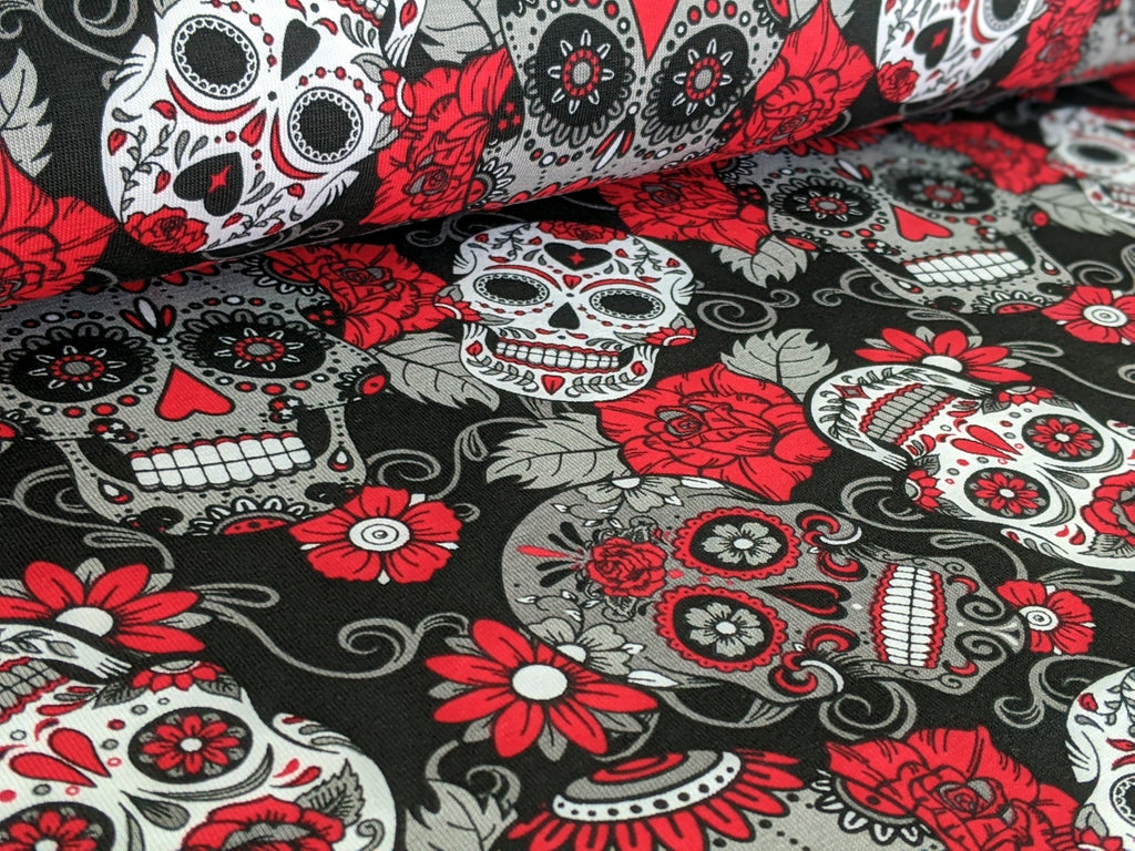 Remnant Cotton Jersey Mexican Skulls with Flowers White/Black 30 x 150 cm
