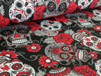 Remnant Cotton Jersey Mexican Skulls with Flowers White/Black 30 x 150 cm