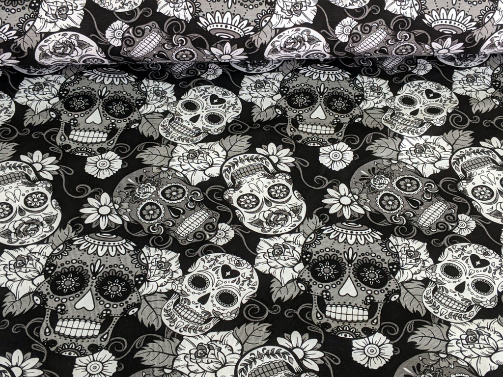 Remnant Cotton Jersey Mexican Skulls with Flowers White/Black 30 x 150 cm