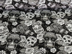 Remnant Cotton Jersey Mexican Skulls with Flowers White/Black 30 x 150 cm