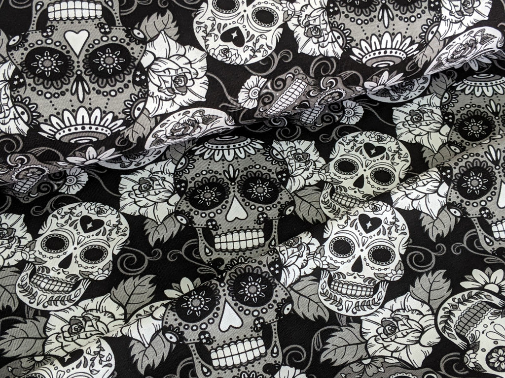 Remnant Cotton Jersey Mexican Skulls with Flowers White/Black 30 x 150 cm