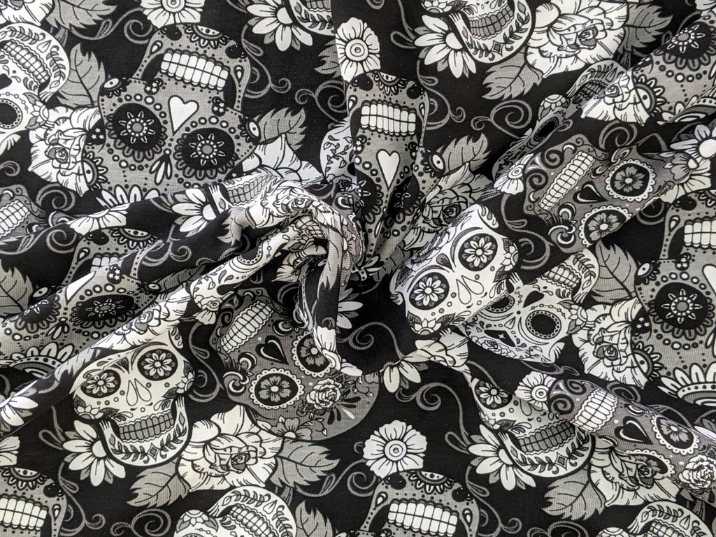 Remnant Cotton Jersey Mexican Skulls with Flowers White/Black 30 x 150 cm