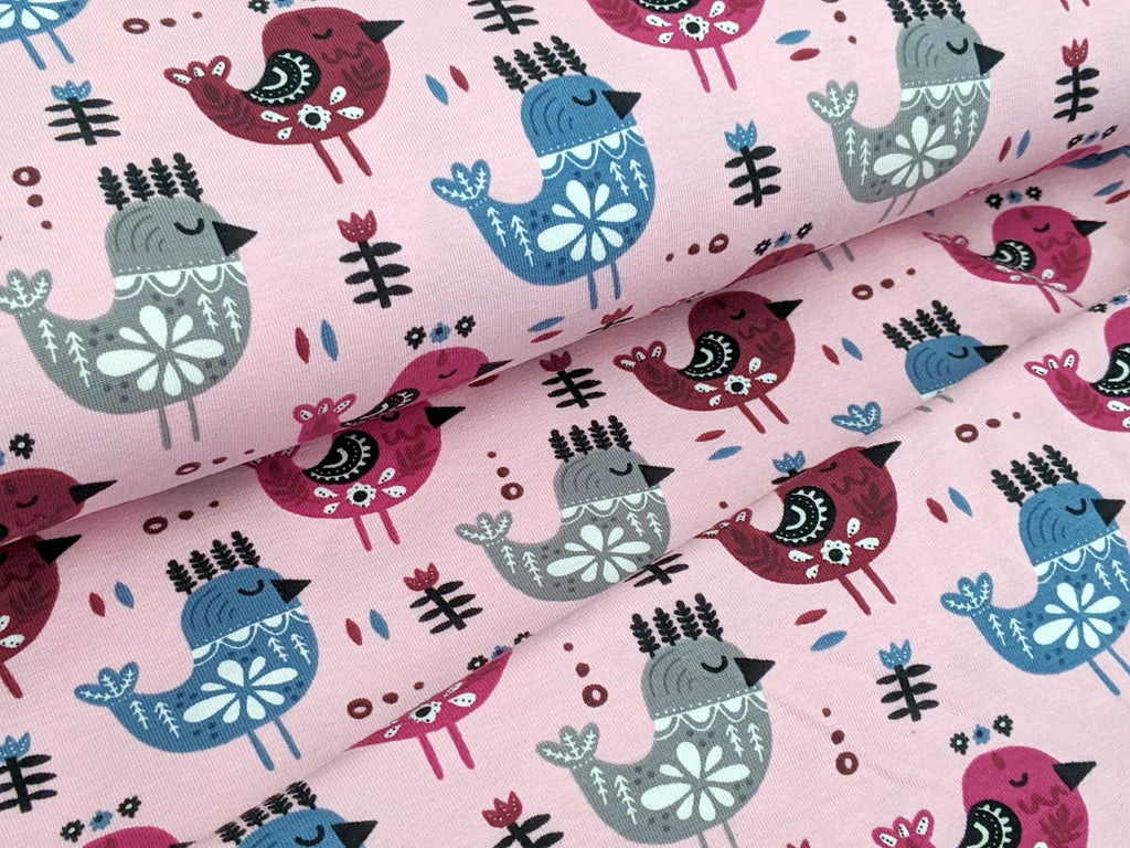 Cotton Jersey Birds on Light Pink