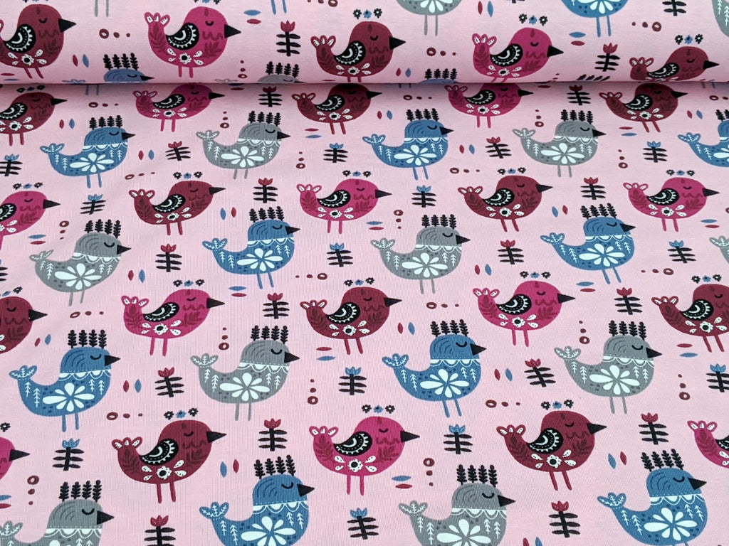 Cotton Jersey Birds on Light Pink