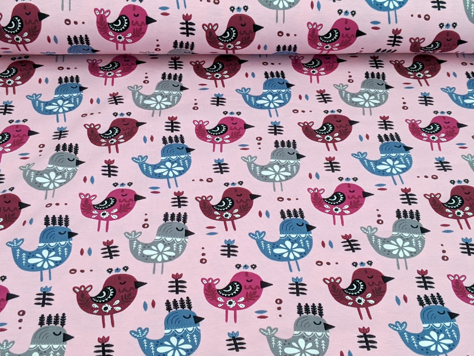 Cotton Jersey Birds on Light Pink