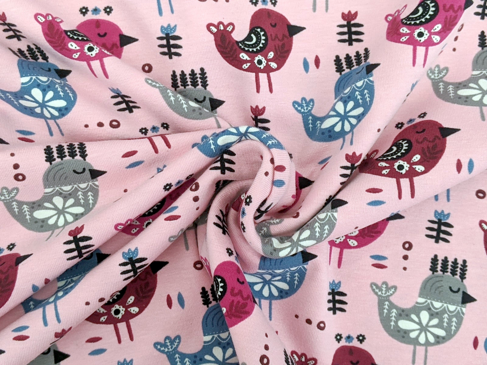Cotton Jersey Birds on Light Pink