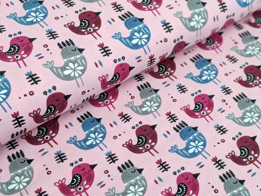 Cotton Jersey Birds on Light Pink