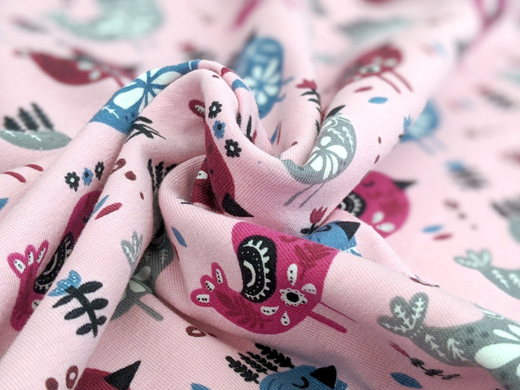 Cotton Jersey Birds on Light Pink