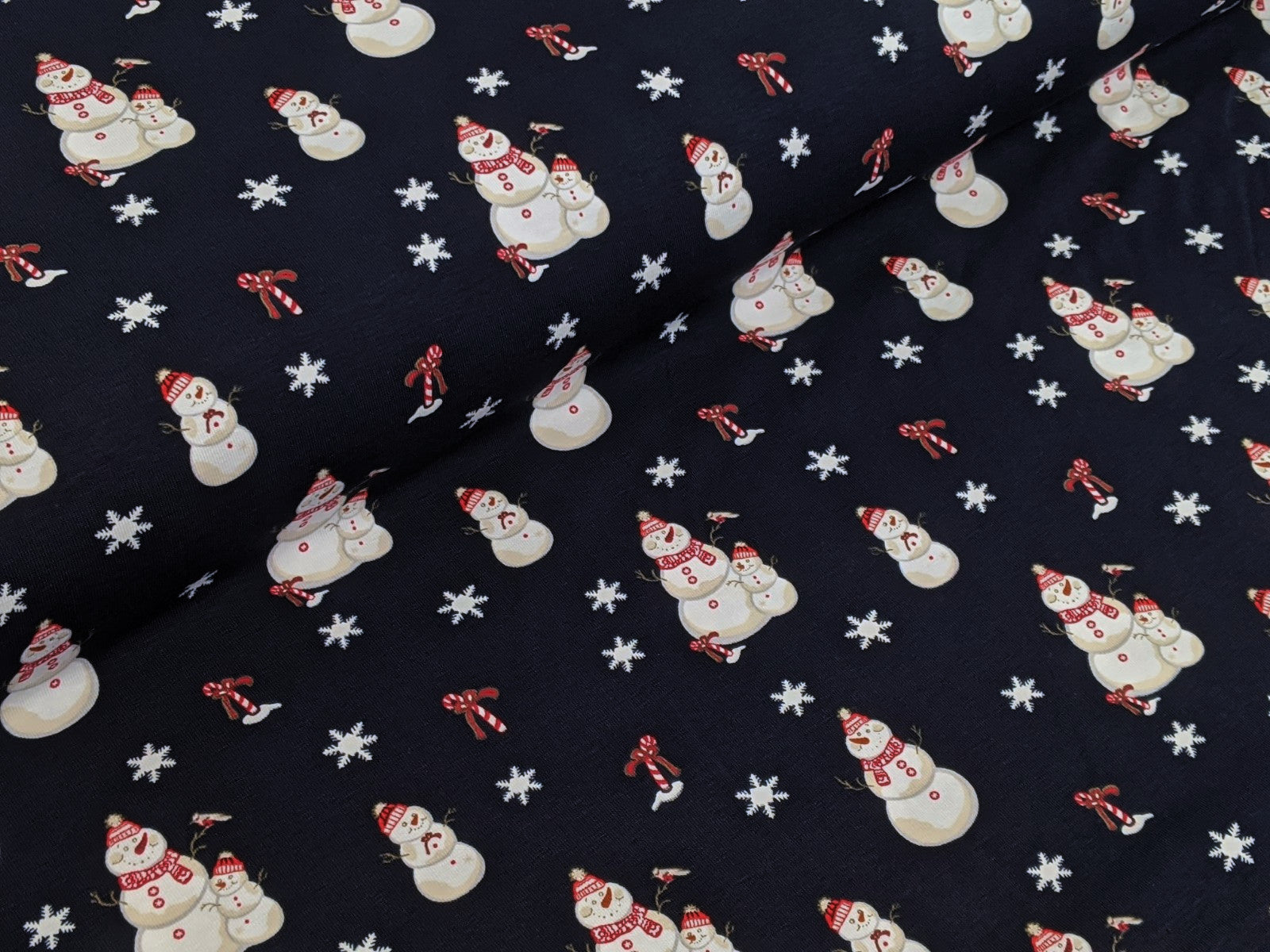 Cotton Jersey Family Snowman Snowflakes Night Blue