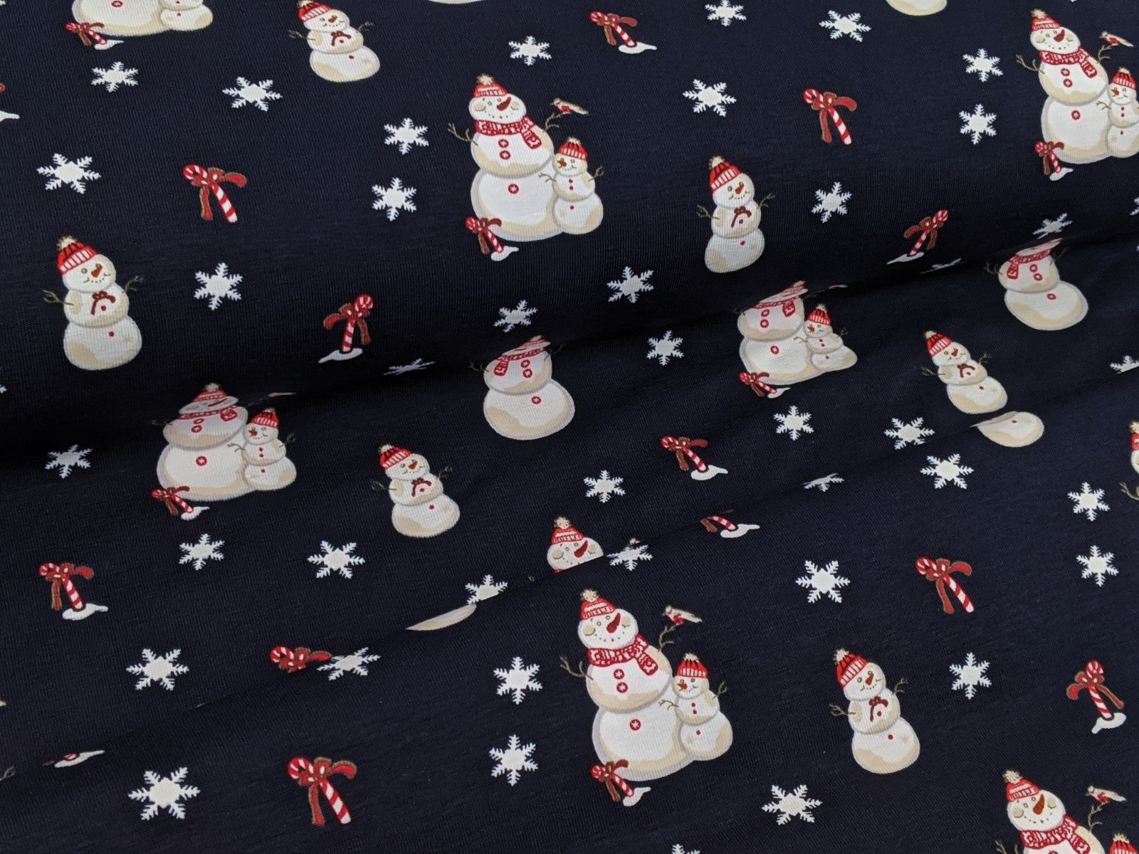 Cotton Jersey Family Snowman Snowflakes Night Blue