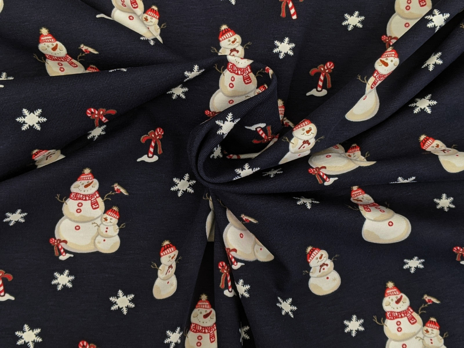 Cotton Jersey Family Snowman Snowflakes Night Blue