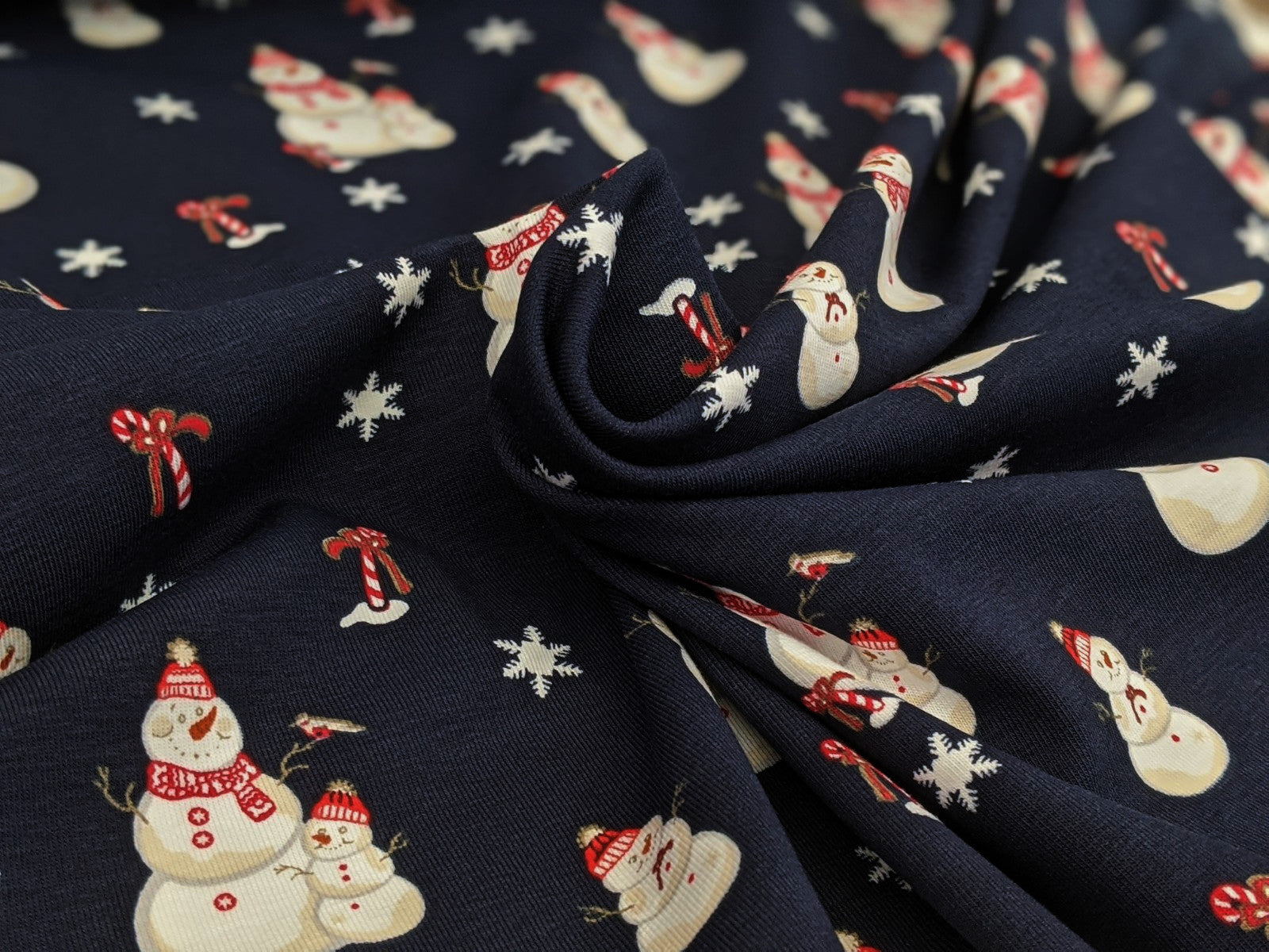 Cotton Jersey Family Snowman Snowflakes Night Blue