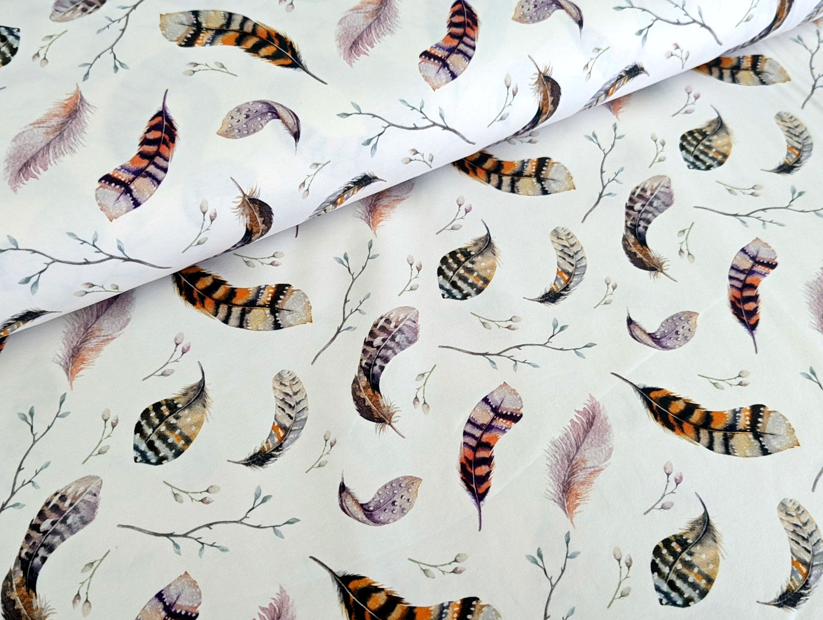 Cotton Jersey Large Feathers with Small Twigs Cream White