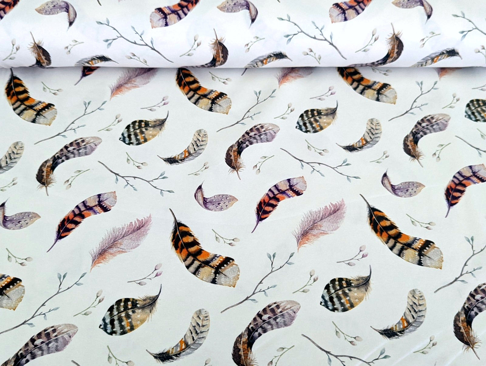 Cotton Jersey Large Feathers with Small Twigs Cream White