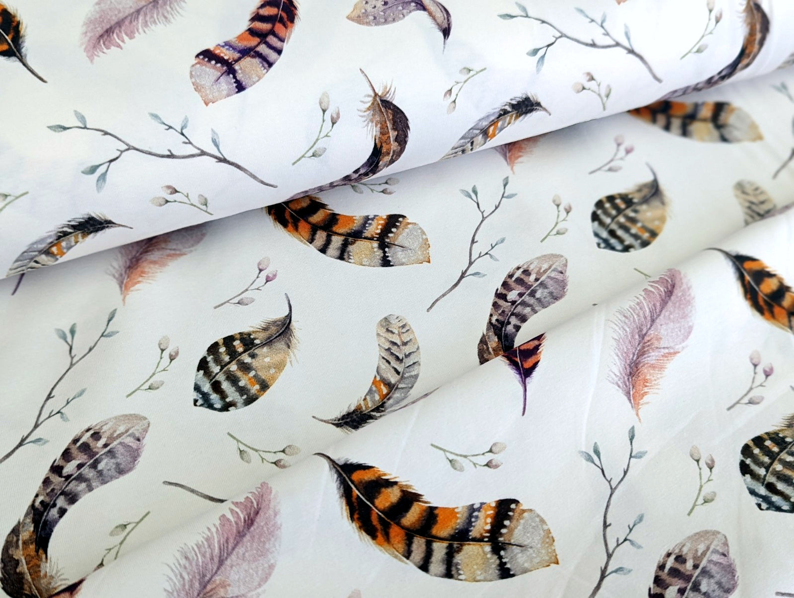 Cotton Jersey Large Feathers with Small Twigs Cream White