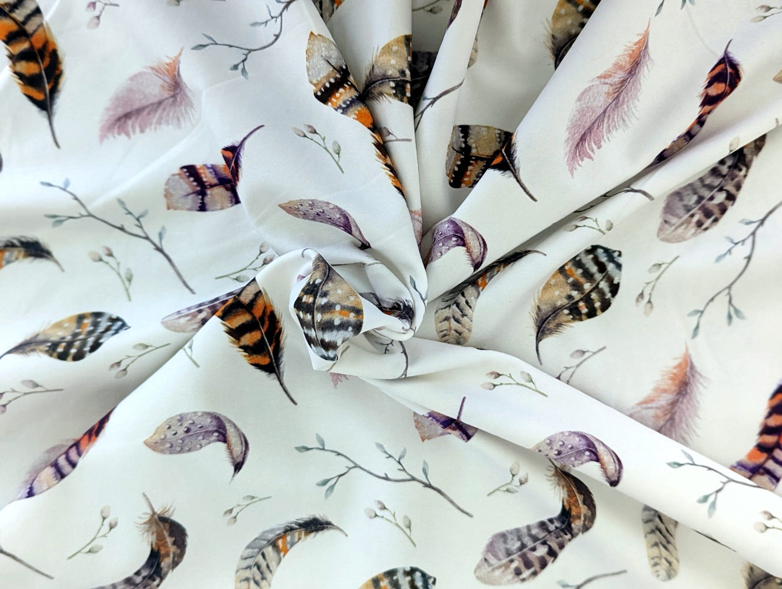 Cotton Jersey Large Feathers with Small Twigs Cream White