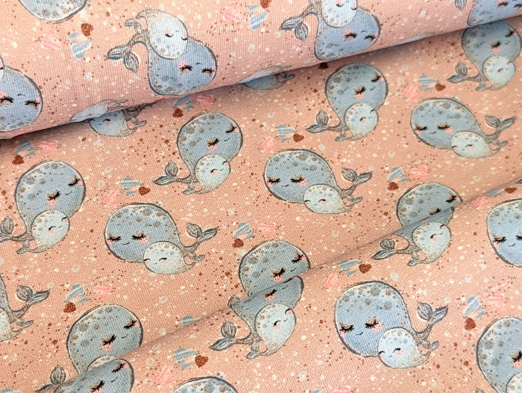 Cotton jersey Sweet Whale Family in old rose