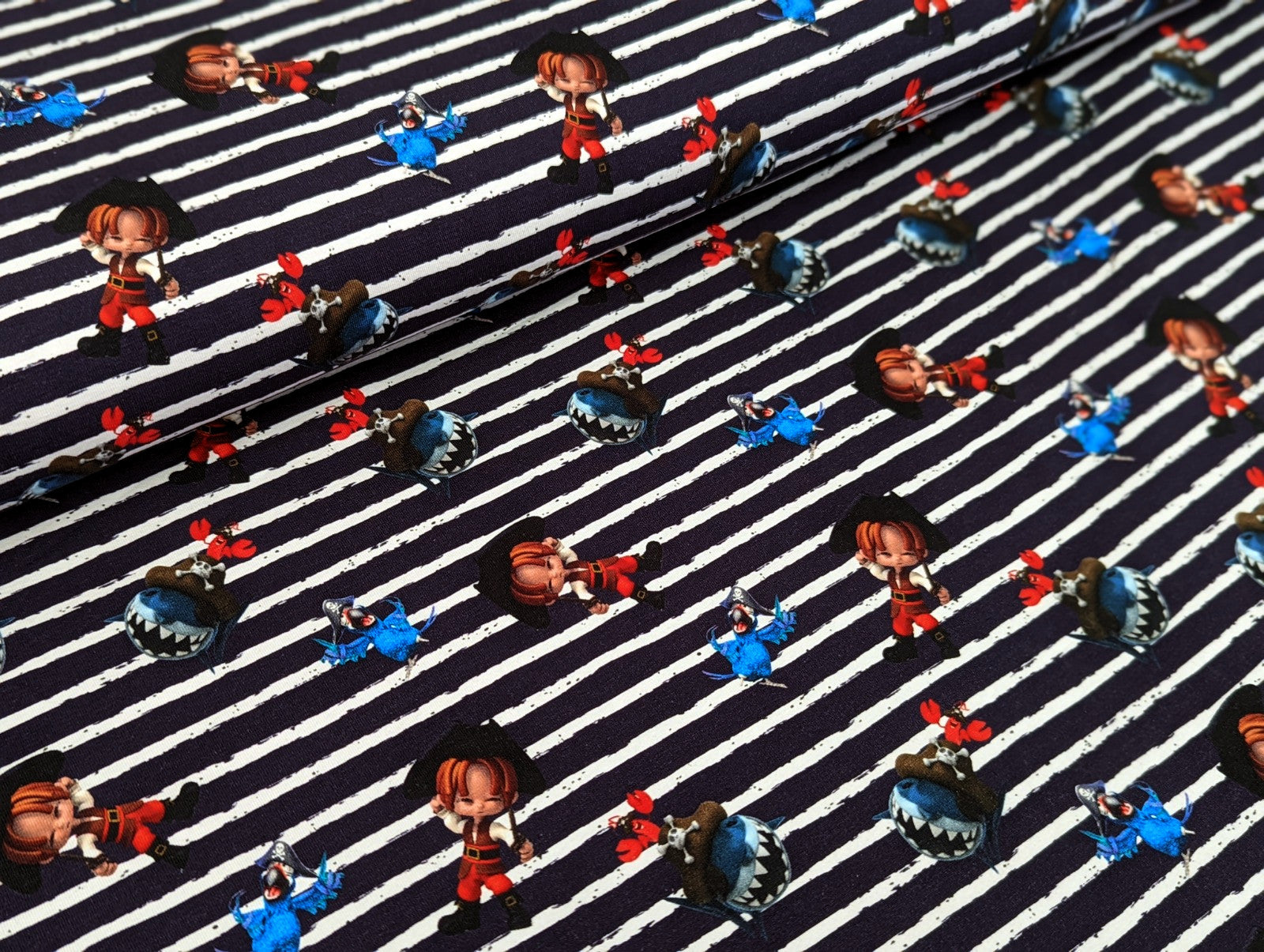 Cotton Jersey Digital Mini Pirate with Shark and Parrot Night Blue