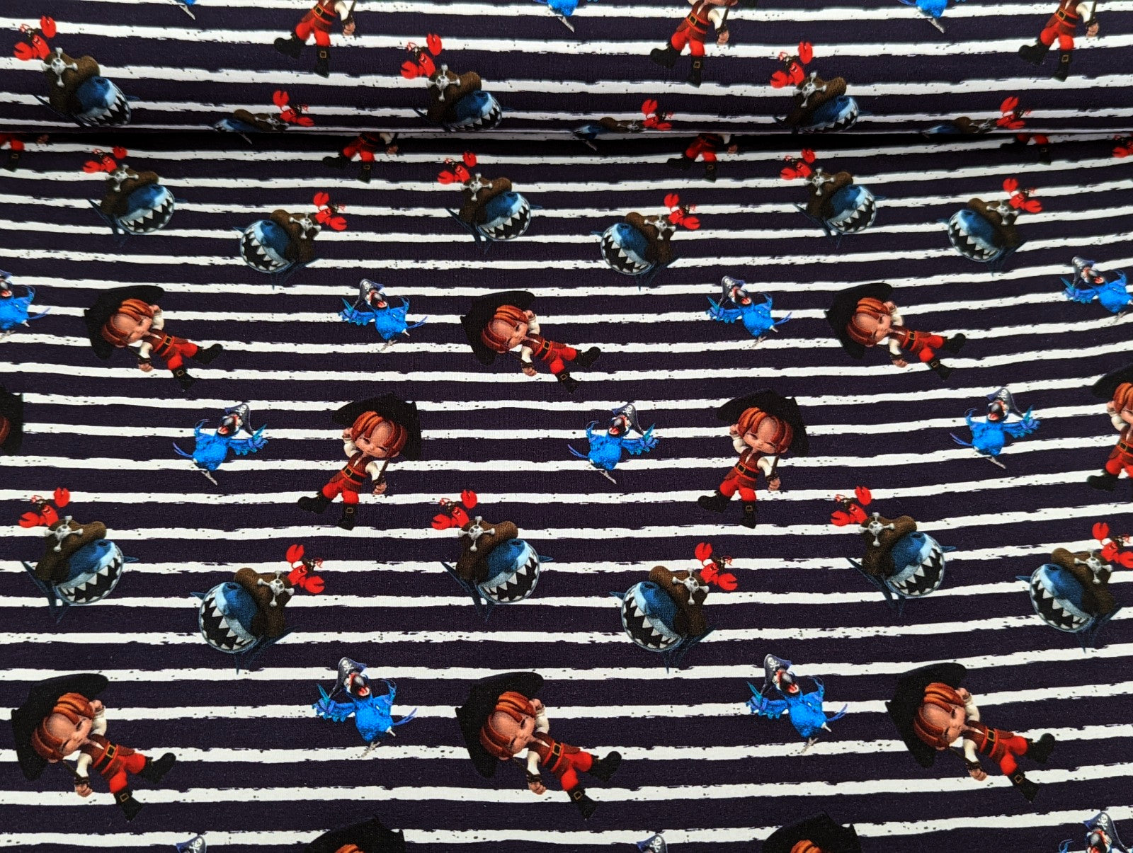 Cotton Jersey Digital Mini Pirate with Shark and Parrot Night Blue