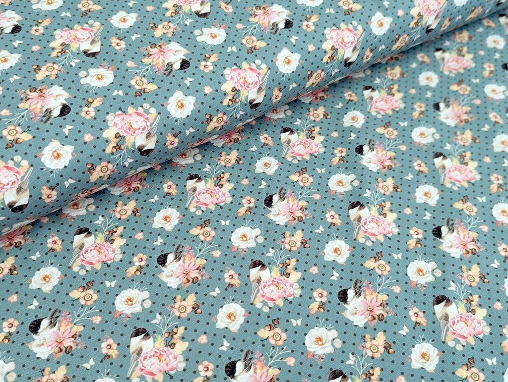 Baumwolljersey Vogel im Blumenzweig auf Punkte Jeansblau