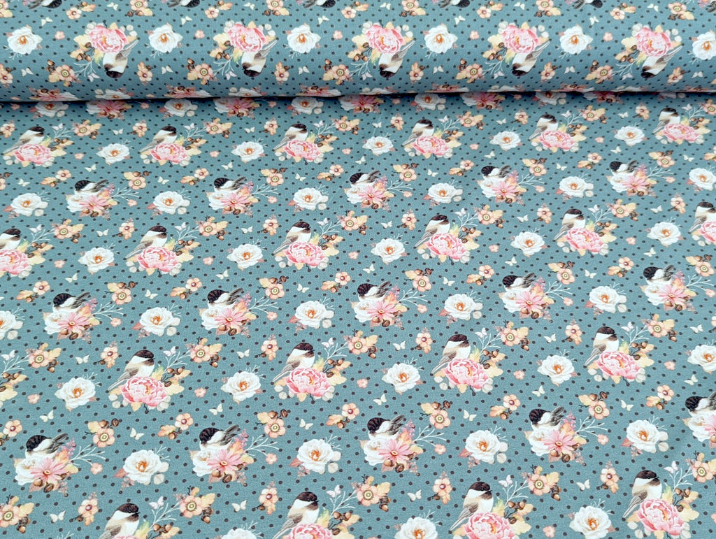 Baumwolljersey Vogel im Blumenzweig auf Punkte Jeansblau