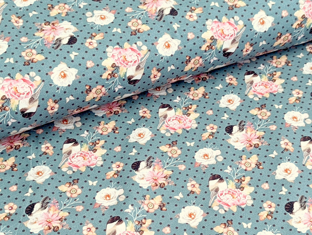 Baumwolljersey Vogel im Blumenzweig auf Punkte Jeansblau
