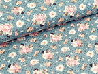 Baumwolljersey Vogel im Blumenzweig auf Punkte Jeansblau