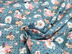 Baumwolljersey Vogel im Blumenzweig auf Punkte Jeansblau