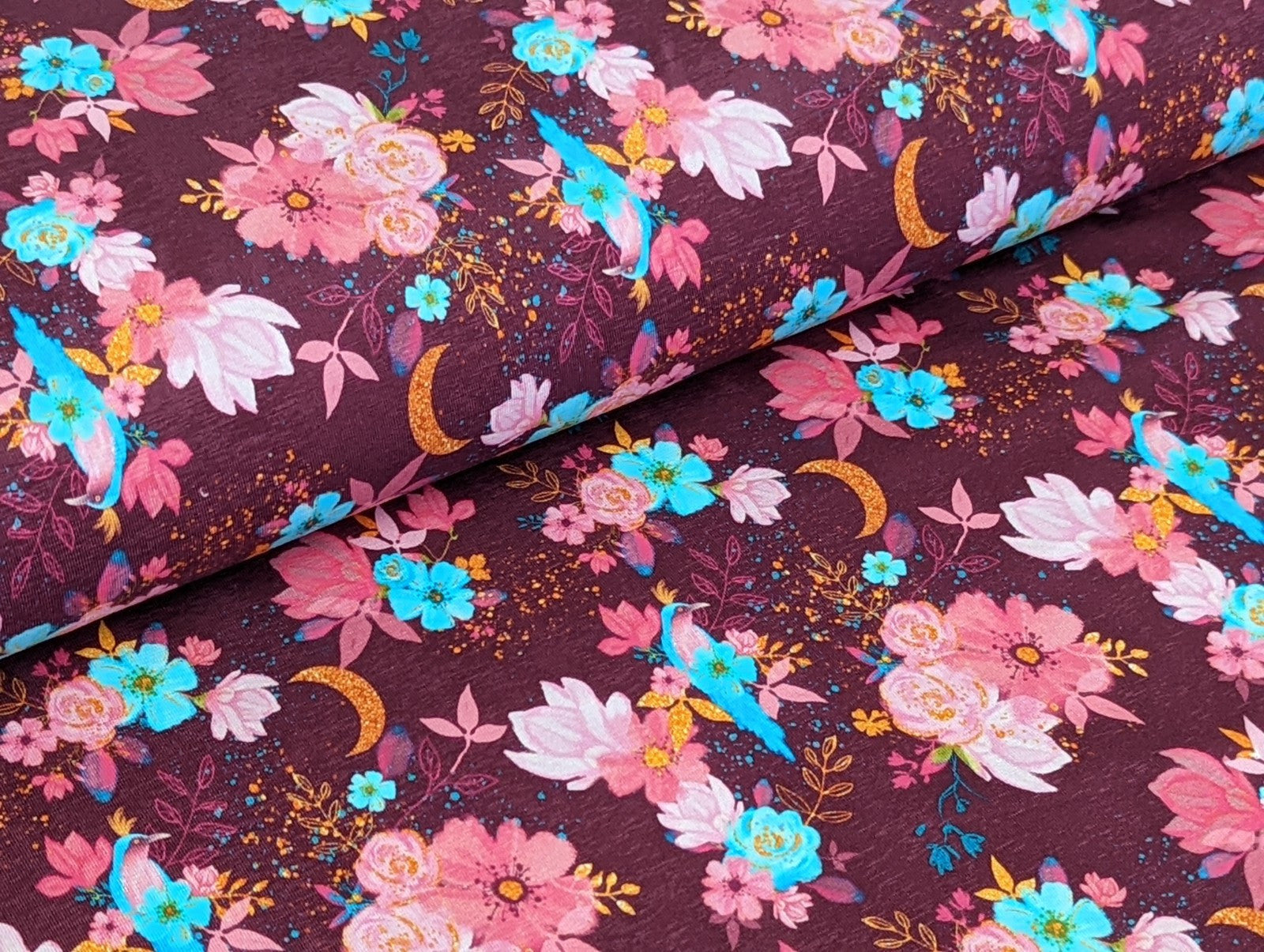 Cotton Jersey Floral Magic Tropical Bird on Aubergine