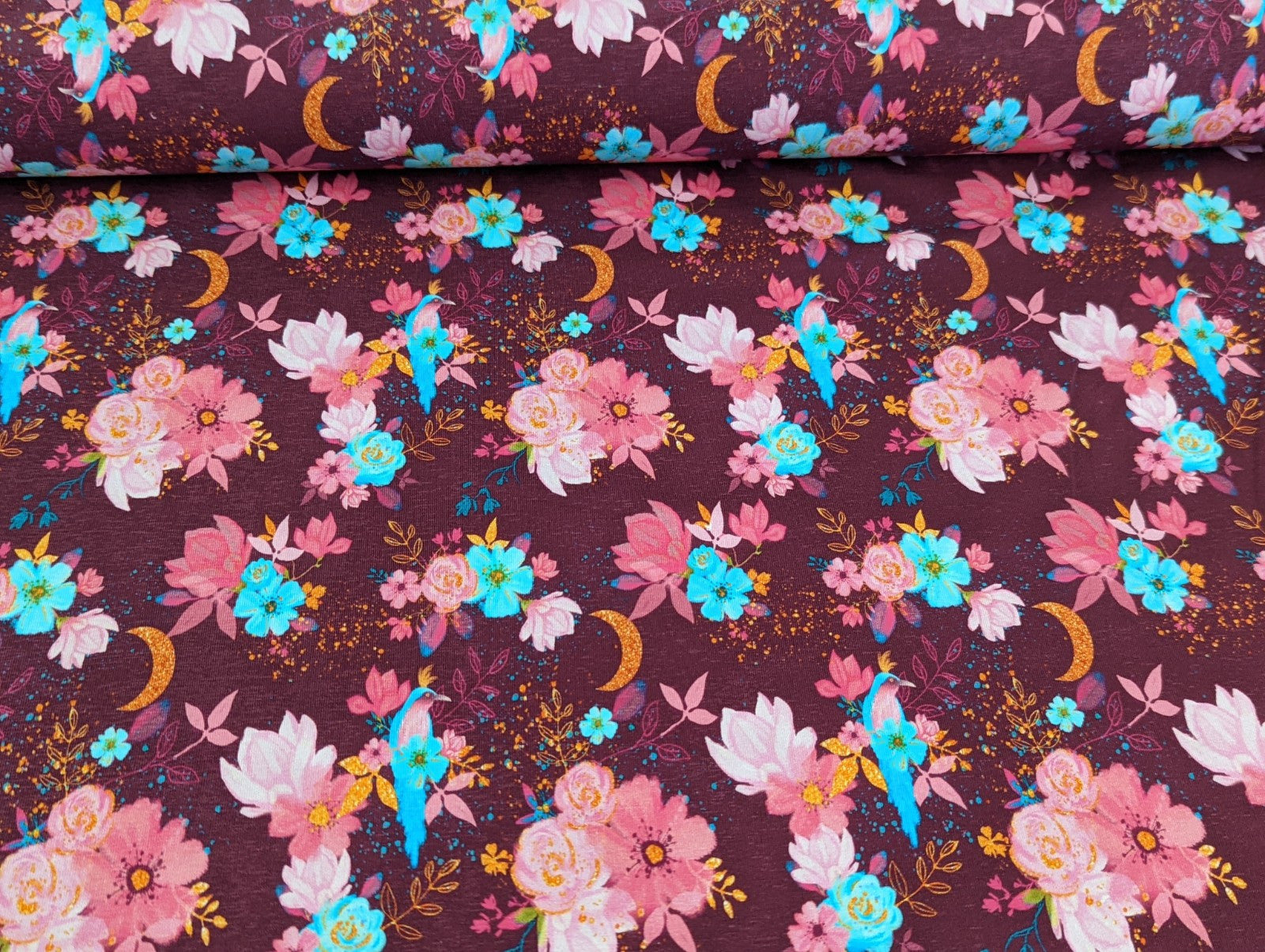 Cotton Jersey Floral Magic Tropical Bird on Aubergine