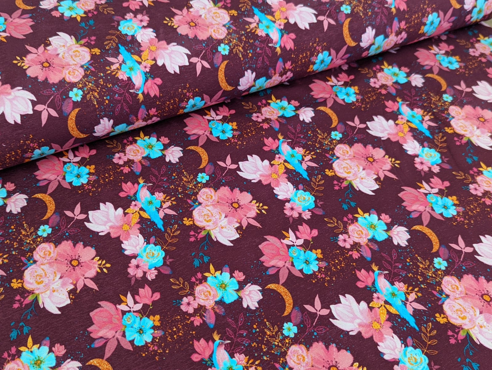 Cotton Jersey Floral Magic Tropical Bird on Aubergine