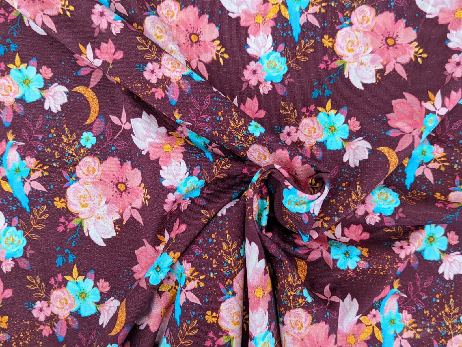 Cotton Jersey Floral Magic Tropical Bird on Aubergine