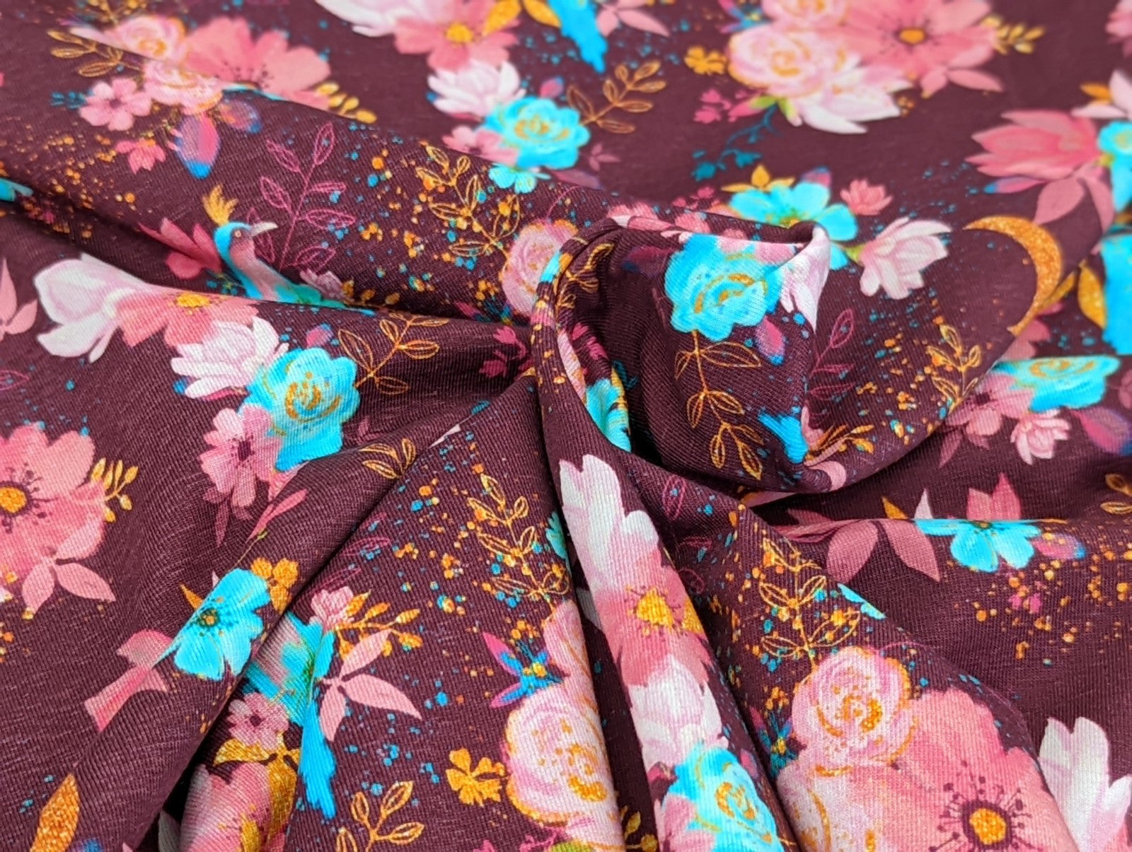 Cotton Jersey Floral Magic Tropical Bird on Aubergine